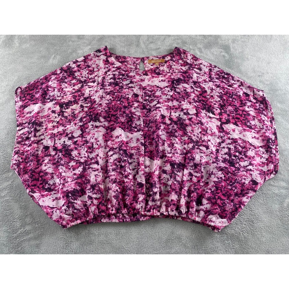 Ellen Tracy Womens Medium Pink Purple Abstract Dolman‎ Sleeve Elastic Hem Blouse
